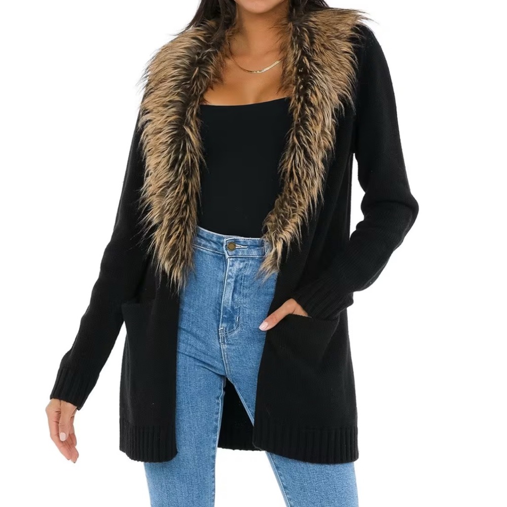 Show Me Your MuMu Black Sweater with Brown Faux Fur Trim